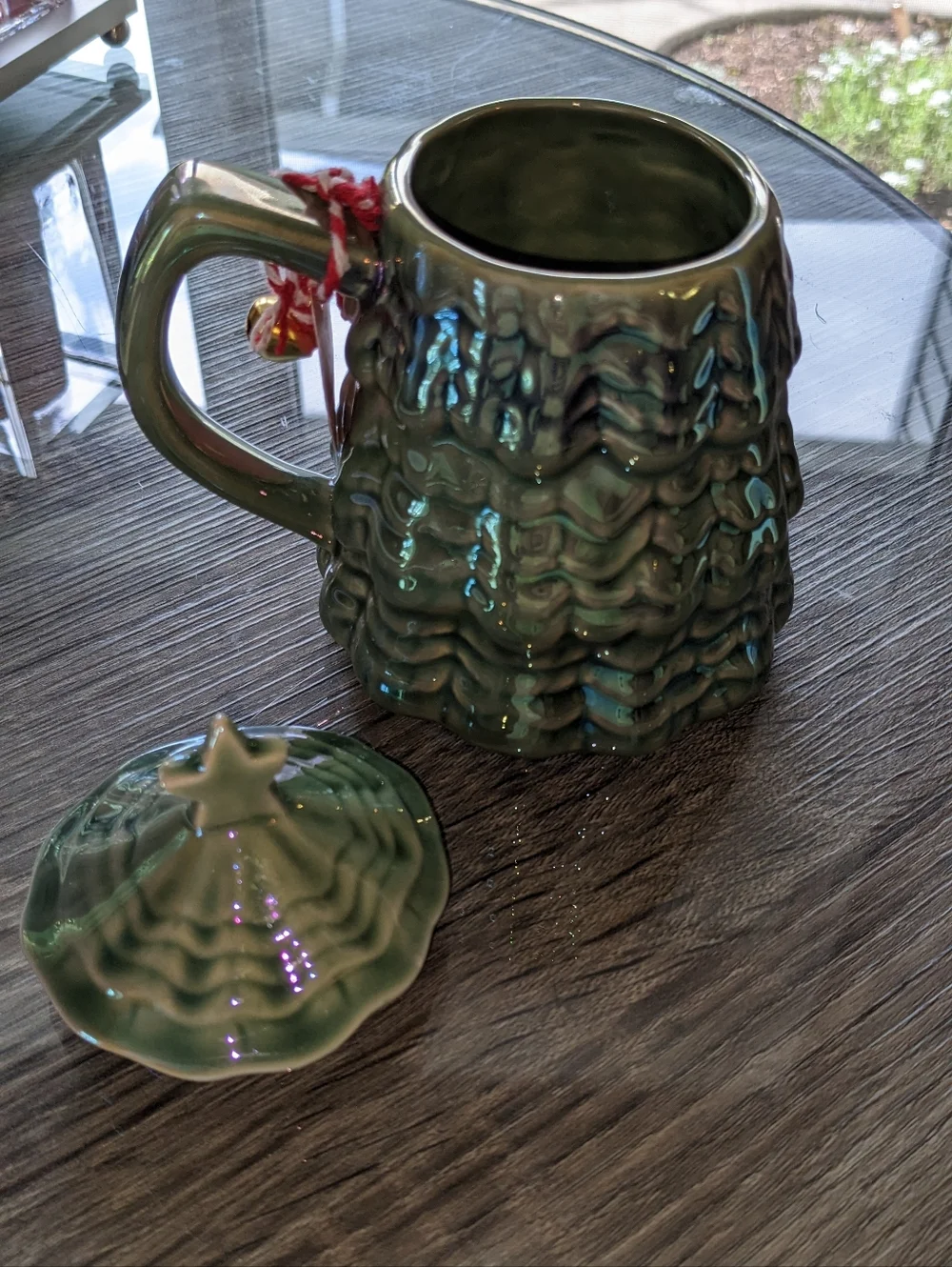 Anthropologie Mug Merry Lustre Tree Lidded Holly Green Holiday Christmas New